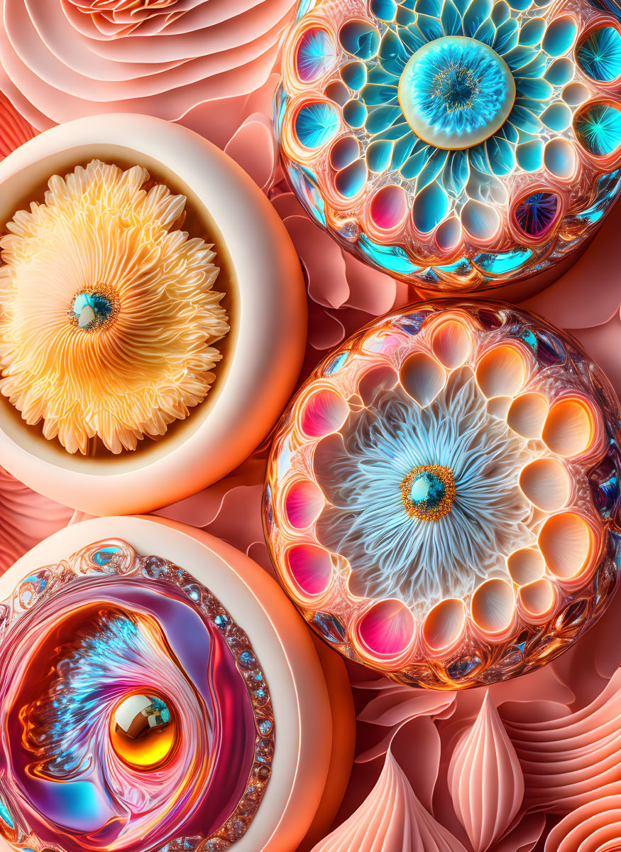 Colorful Circular Abstract Flower Patterns on Coral Background