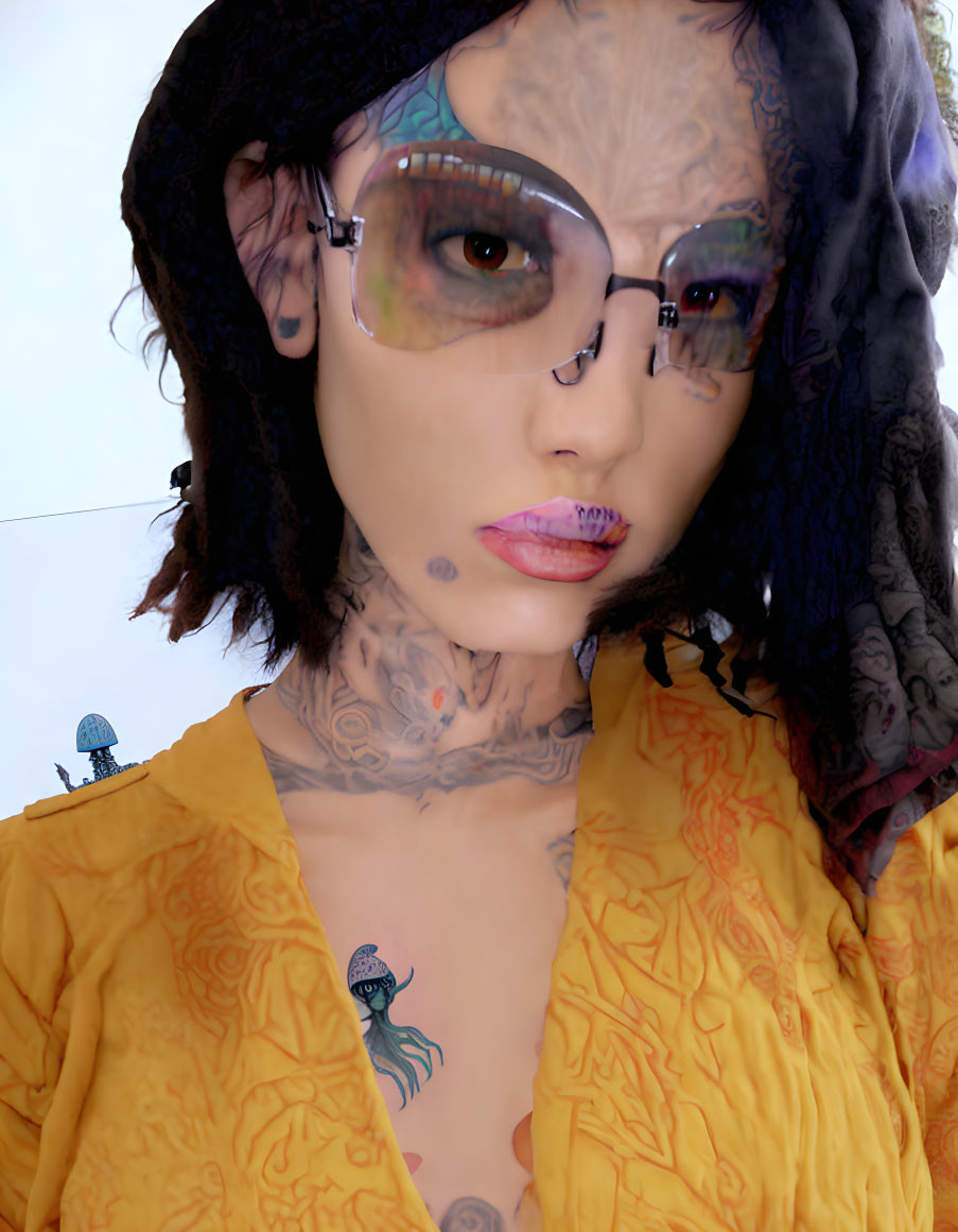 Person with tattoos, piercings, oversized glasses, yellow blouse, and tentacle-like hair accessories