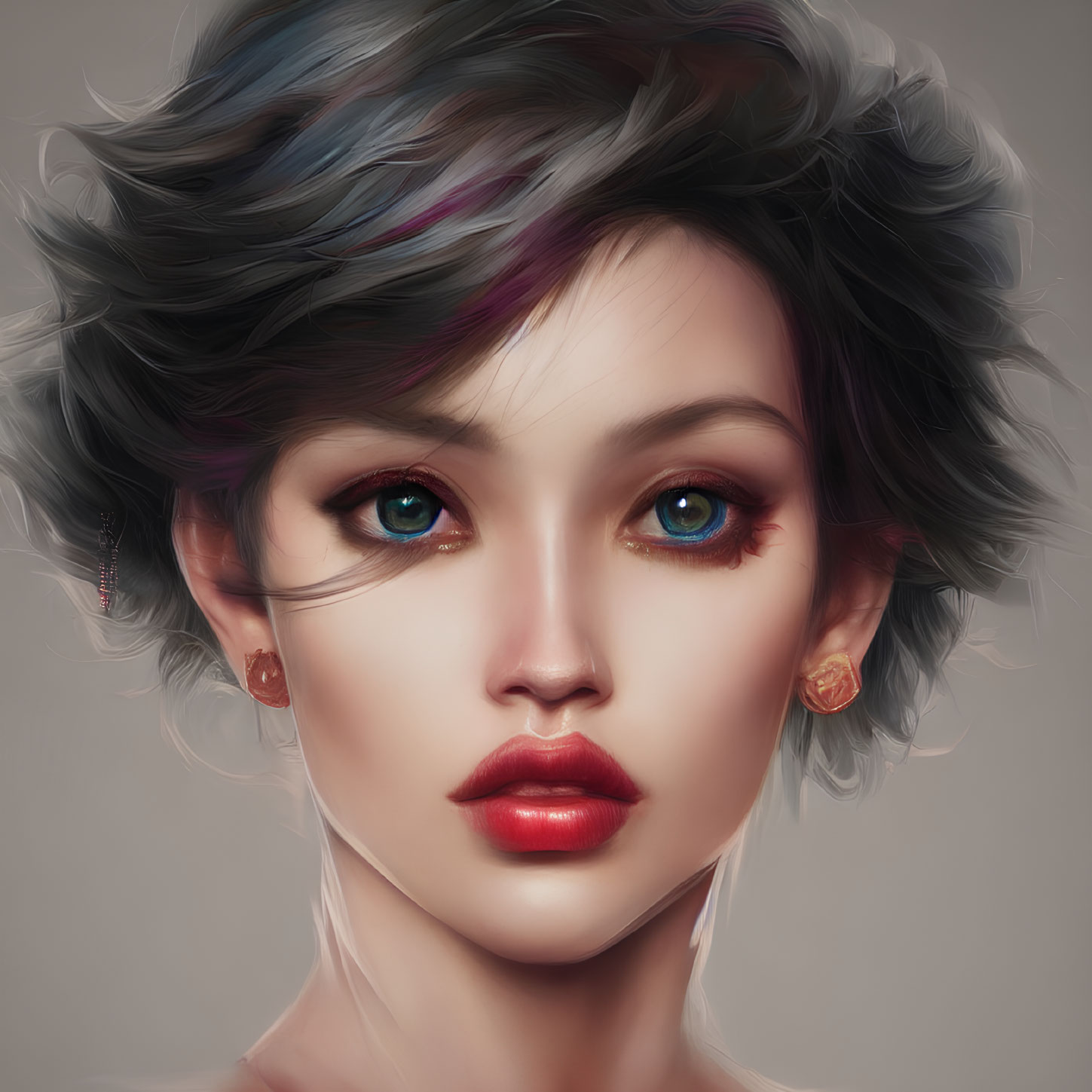 Colorful digital portrait of a fictional woman with blue eyes and multicolored hair.