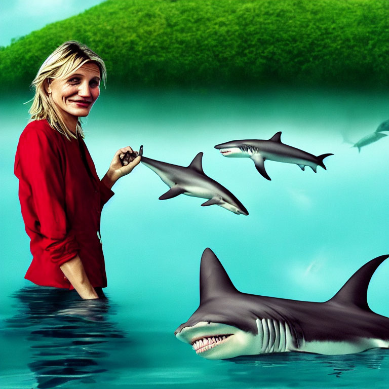 Woman in red top holding miniature shark with larger sharks in surreal underwater scene