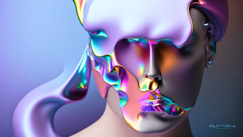 Iridescent liquid textures on human profile against gradient background