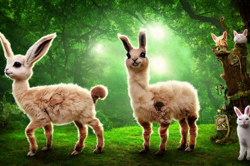 Stylized llamas with rabbit-like ears in mystical forest landscape