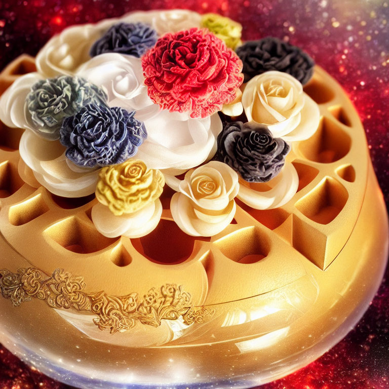 Intricate Gold Perfume Holder with Colorful Rose Bottle Caps on Red Glittery Background