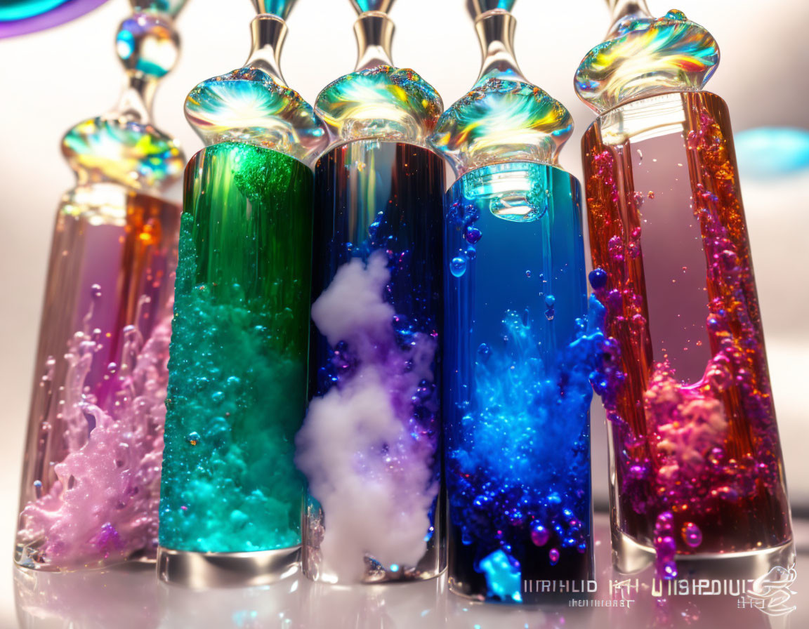 Colorful liquid-filled vials with effervescence and floating bubbles under soft light