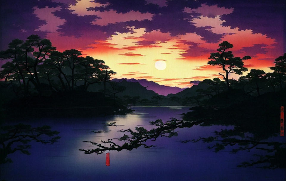 Japanese art style landscape: serene sunset, purple and orange sky, silhouetted trees, calm