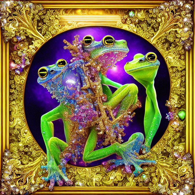 Sparkling whimsical frogs on cosmic backdrop with golden border