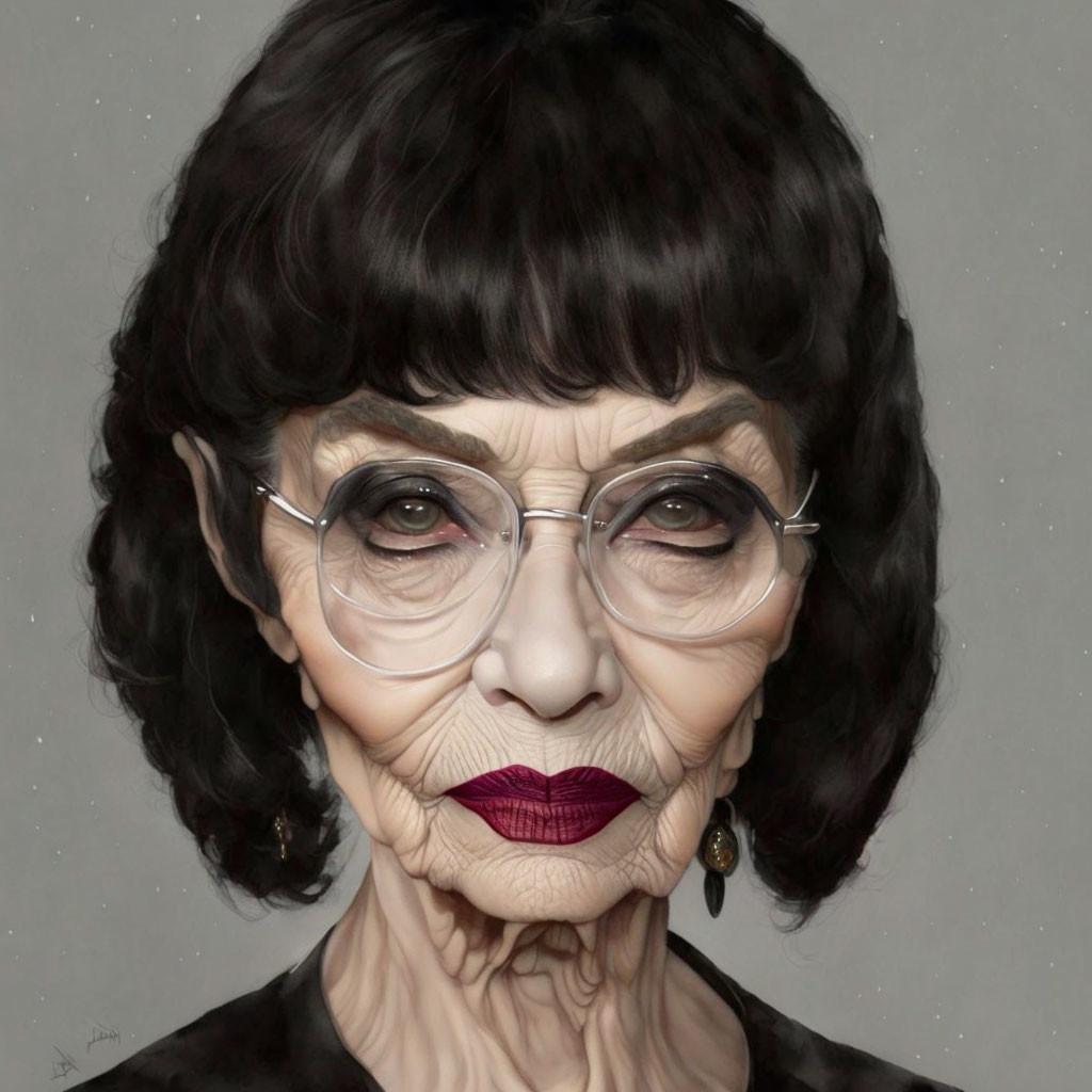 Elderly woman with glasses, dark hair, red lipstick, and intense gaze on gray background