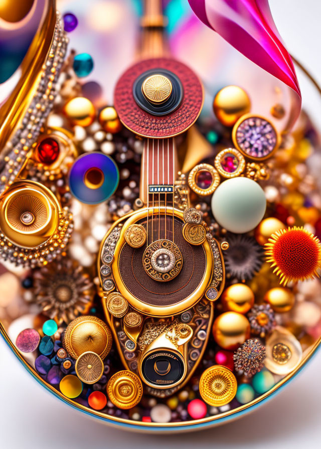 Colorful surreal guitar with ornate patterns and beads display.