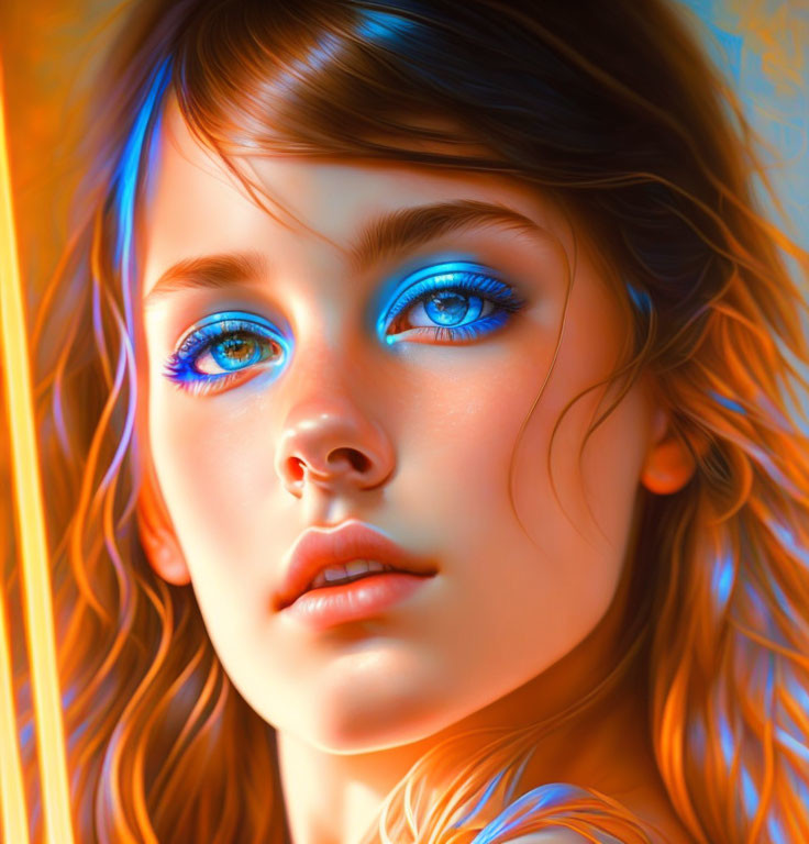 Vibrant digital portrait of a woman with blue eyes and auburn hair