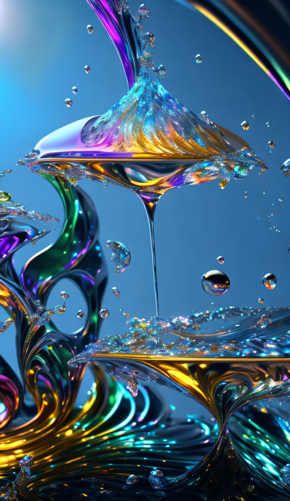 Vibrant metallic liquid splashes on blue background