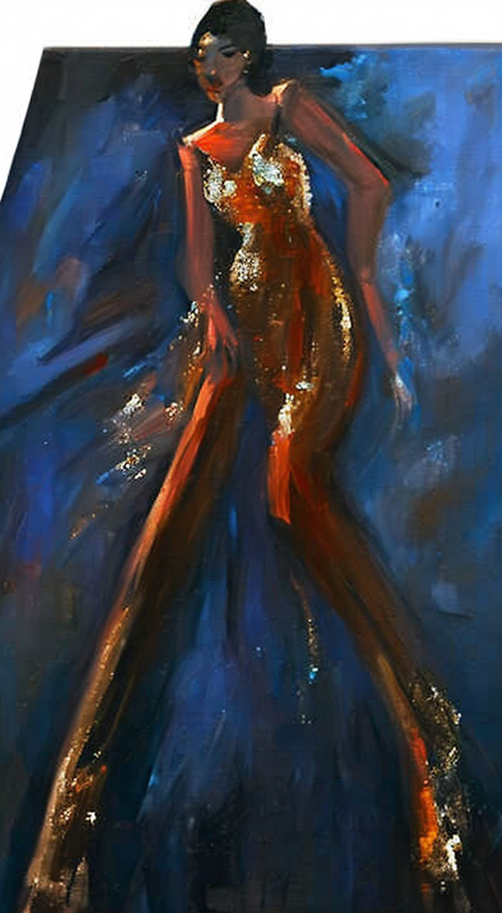 Shimmering gold and red gown on woman in abstract painting