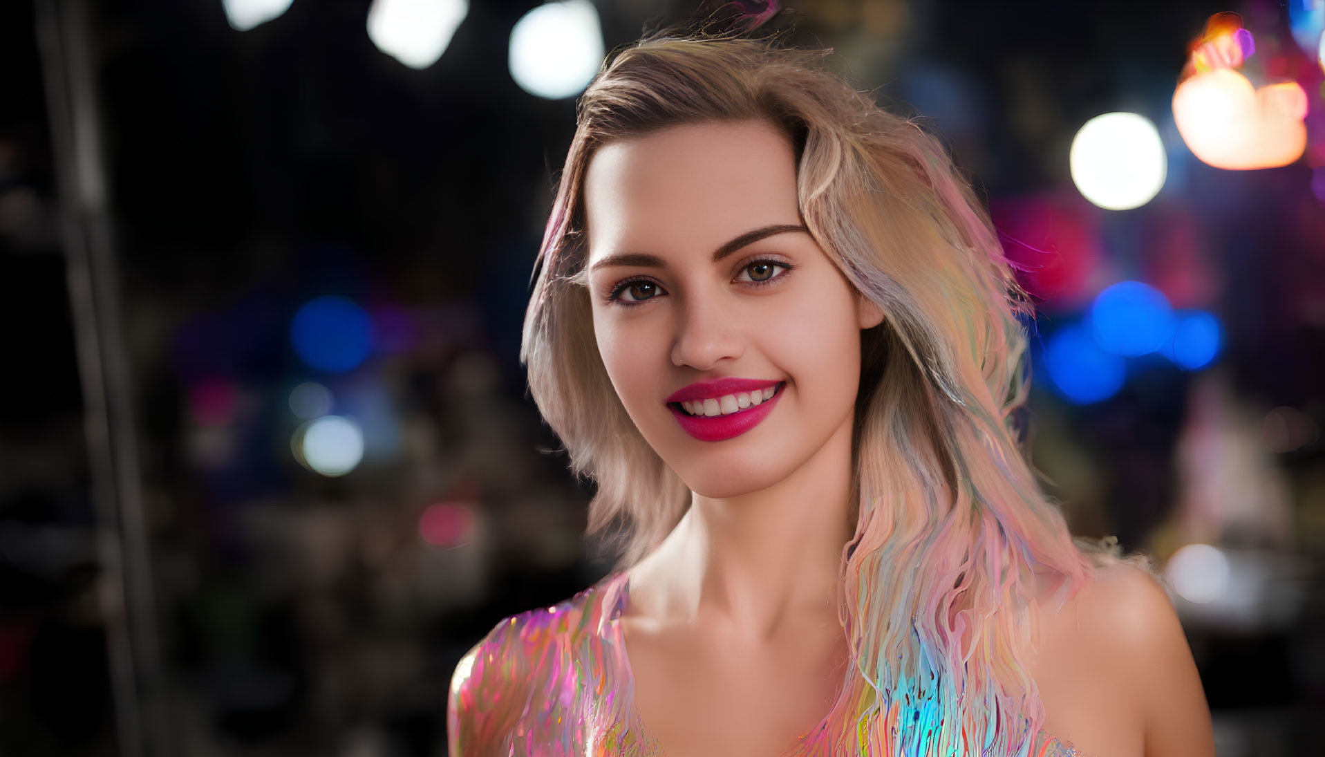 Colorful-haired woman smiles in vibrant night scene