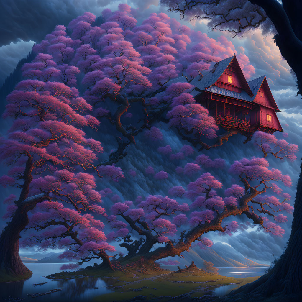 Fantastical red-roofed house in giant tree by tranquil lake at dusk