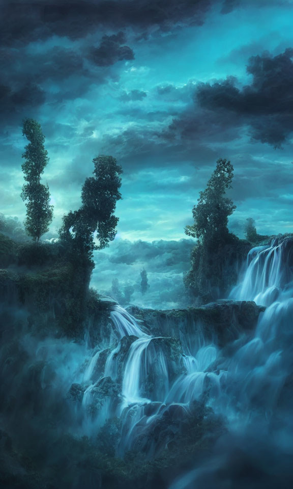 Mystical landscape with waterfalls, rock formations, and blue sky