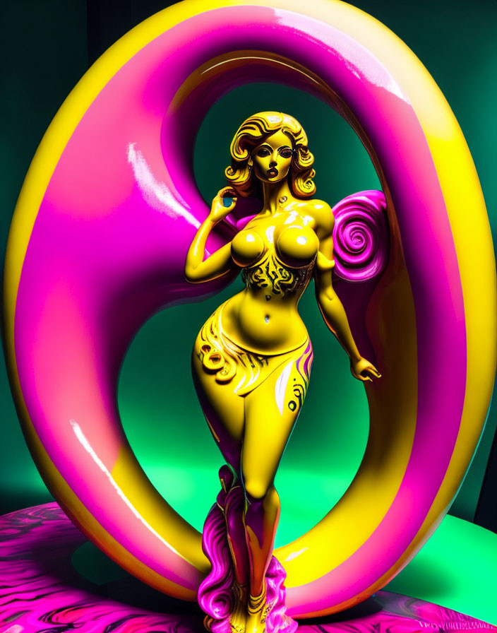 Golden figure with intricate patterns beside a pink torus on vibrant background