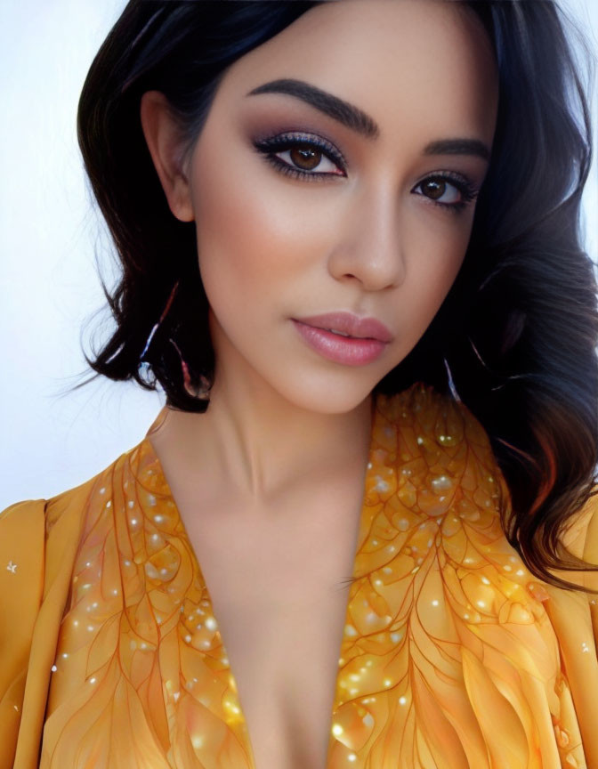 Dark-haired woman in winged eyeliner and yellow dress with embellishments.