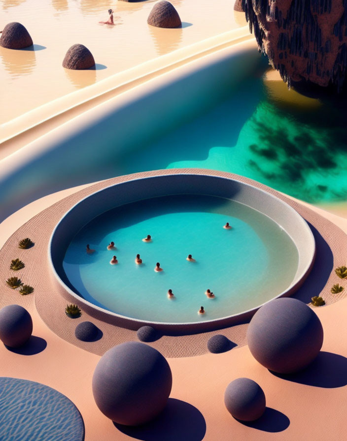 Surreal landscape with desert, oasis pool, rocks, and swimmers