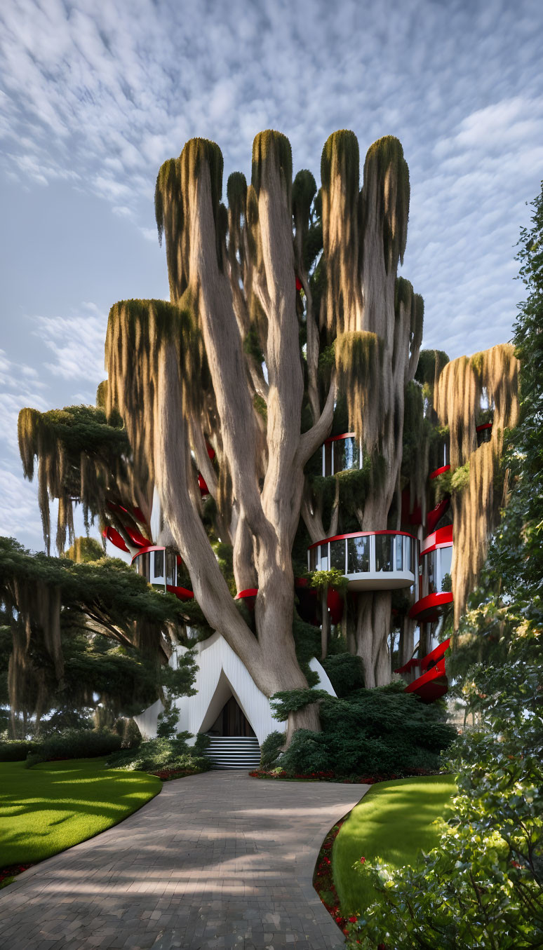 Whimsical multi-story building integrated into oversized sculpted tree