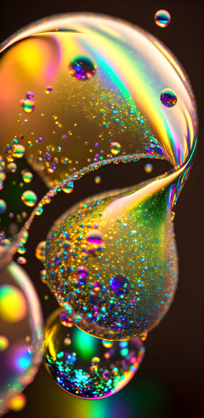 Colorful iridescent bubbles with intricate patterns on dark background