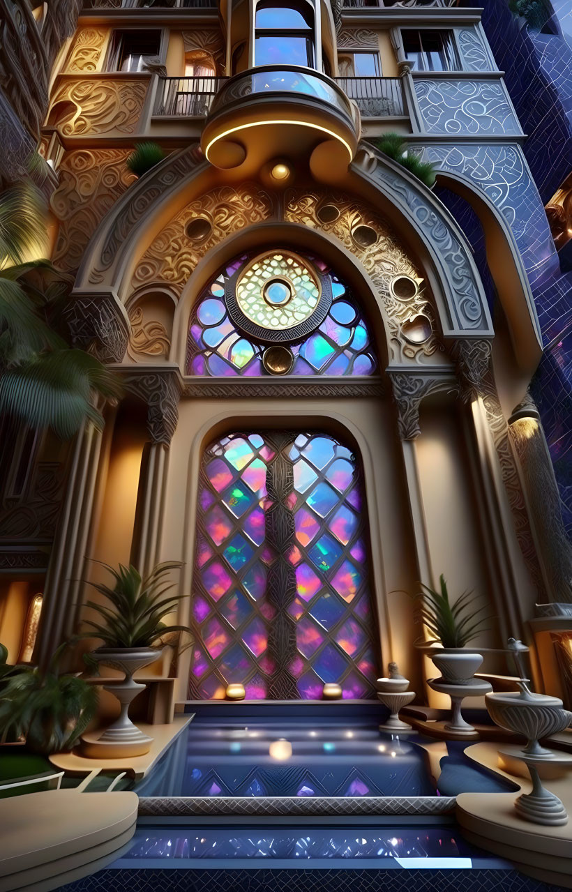 Luxurious interior with stained-glass window, arched doorways, staircase, and reflecting pool