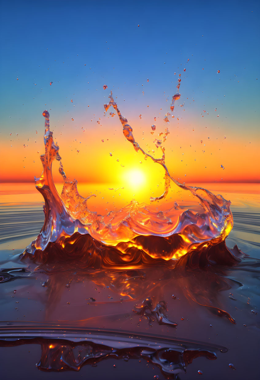 Colorful liquid splash at sunset with orange and blue hues.