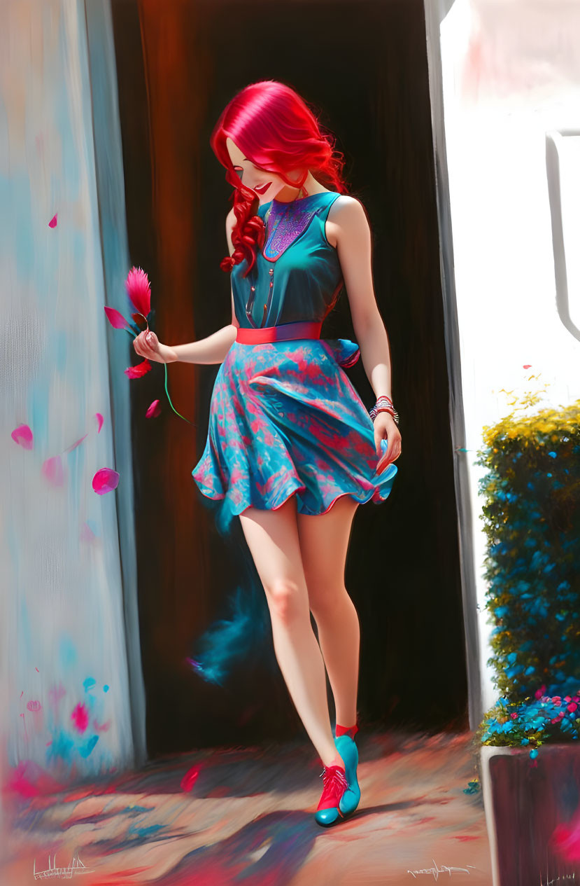 Vibrant red-haired woman with feather in colorful dreamy setting