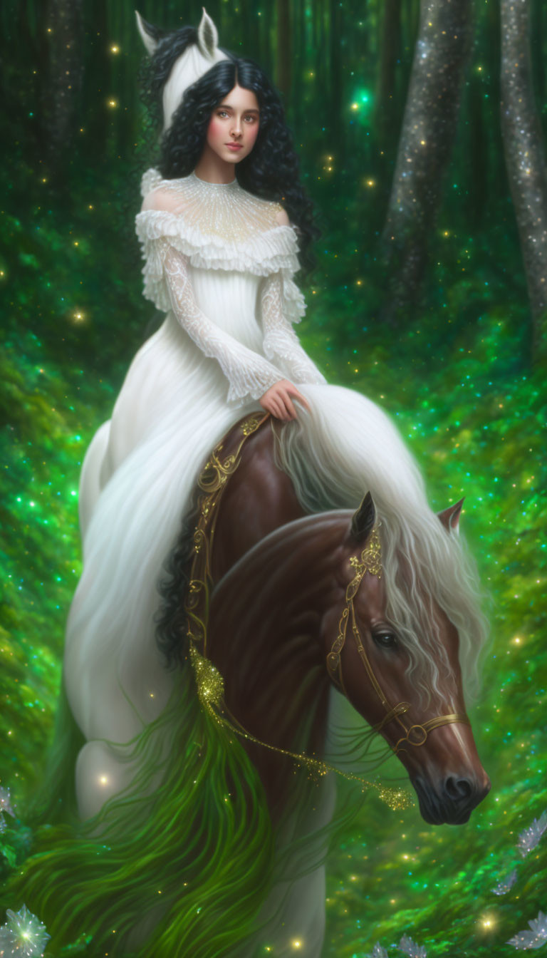 Dark-haired woman in Victorian dress on white horse in mystical forest