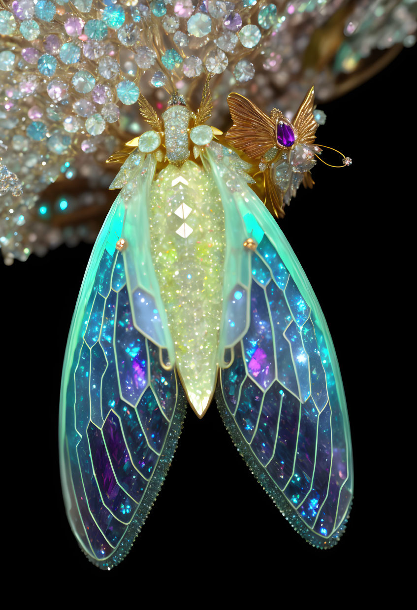 Iridescent moth-shaped jeweled object with gold accents and sparkling gems