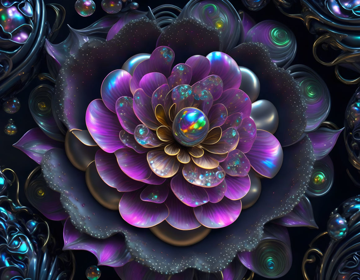 Vivid digital artwork: fractal flower with iridescent petals