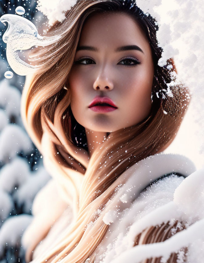 Woman with snowflakes in hair, snowy trees background.