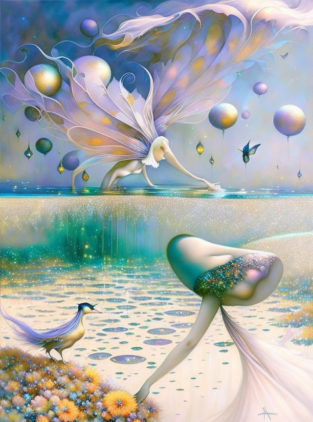 Colorful Surreal Illustration: Fairy with Iridescent Wings by Water