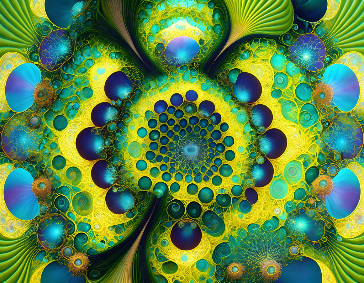 Colorful Fractal Art: Intricate Patterns in Blue, Green, and Gold