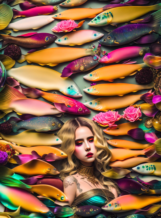 Vibrant underwater scene with woman, fish, and flowers