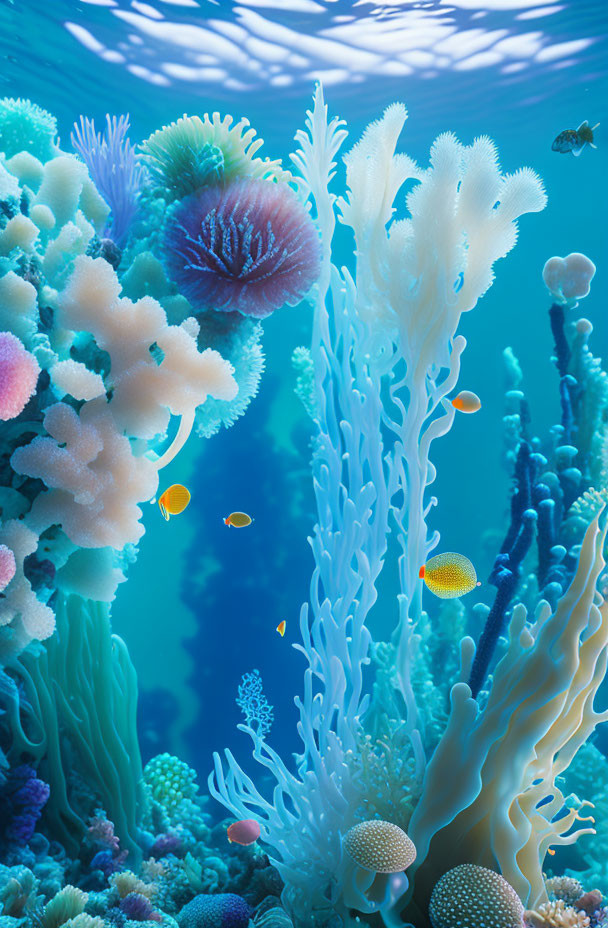 Colorful Coral Formations and Fish in Blue Underwater Scene