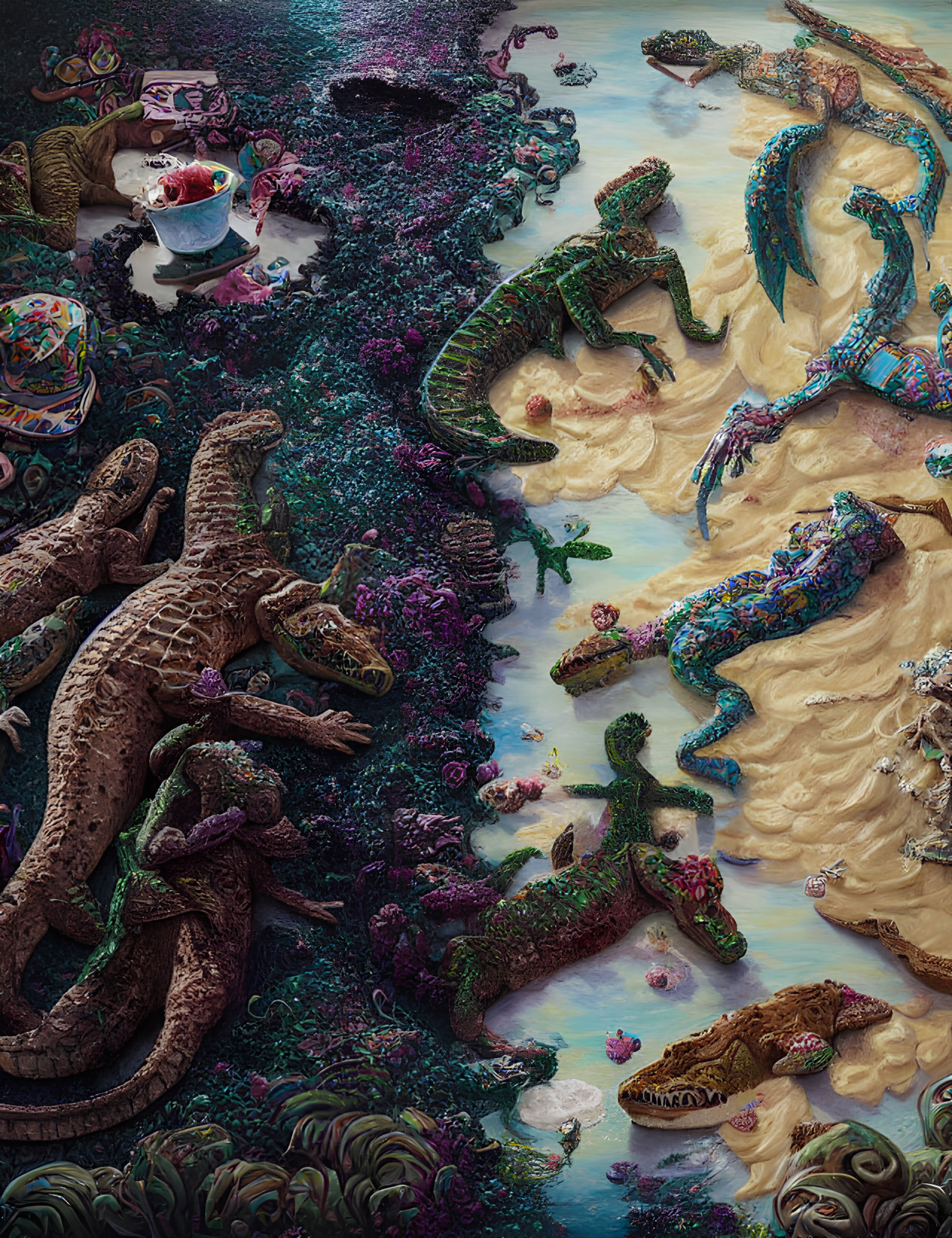 Colorful Crocodile Artwork in Vibrant Landscape