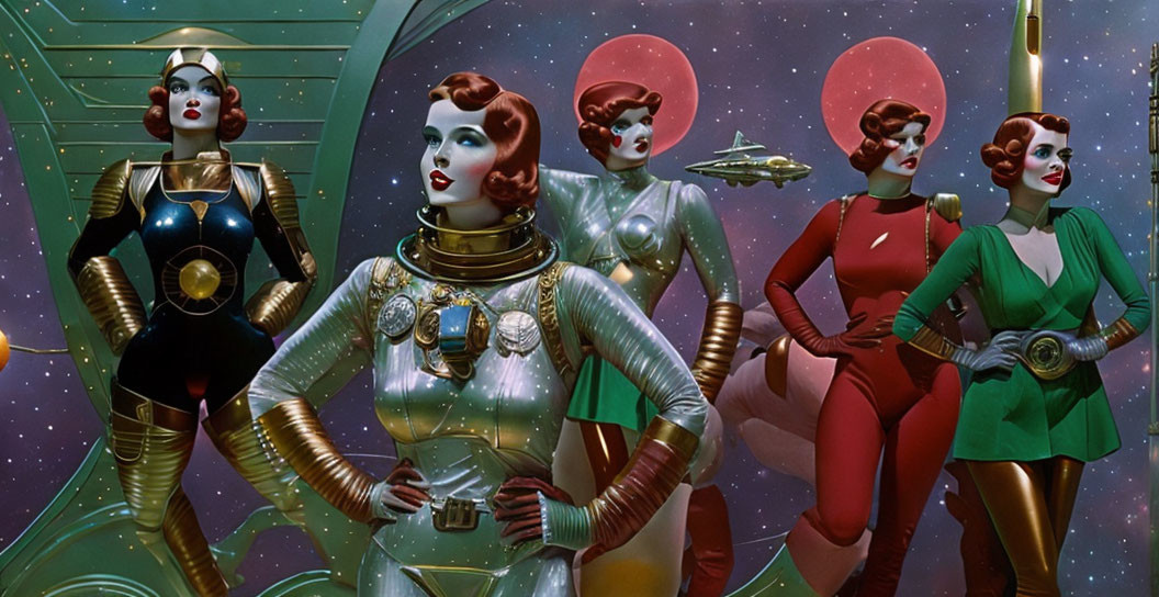 Four retro-futuristic women in space outfits with helmets against cosmic backdrop.