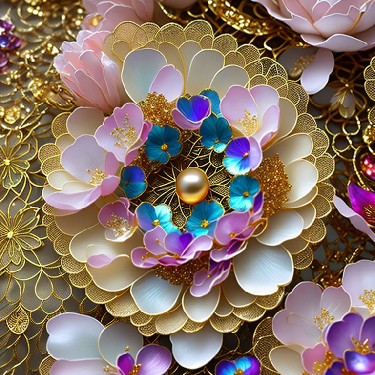 golden lace foil silk flowers, pearls & gems