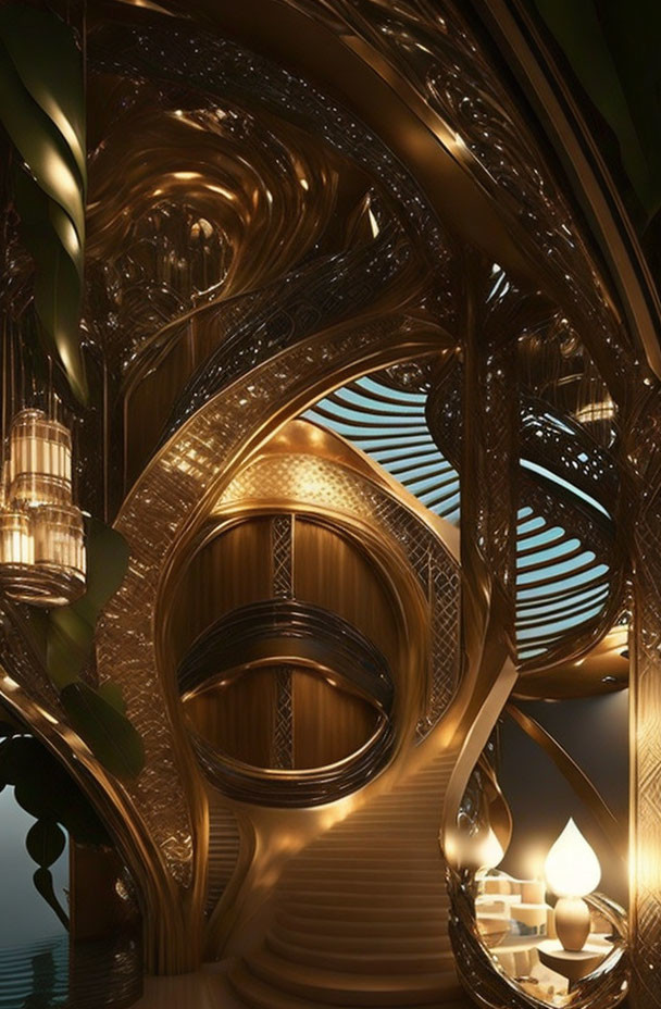 Intricate Golden Interior with Swirling Designs and Hanging Lanterns