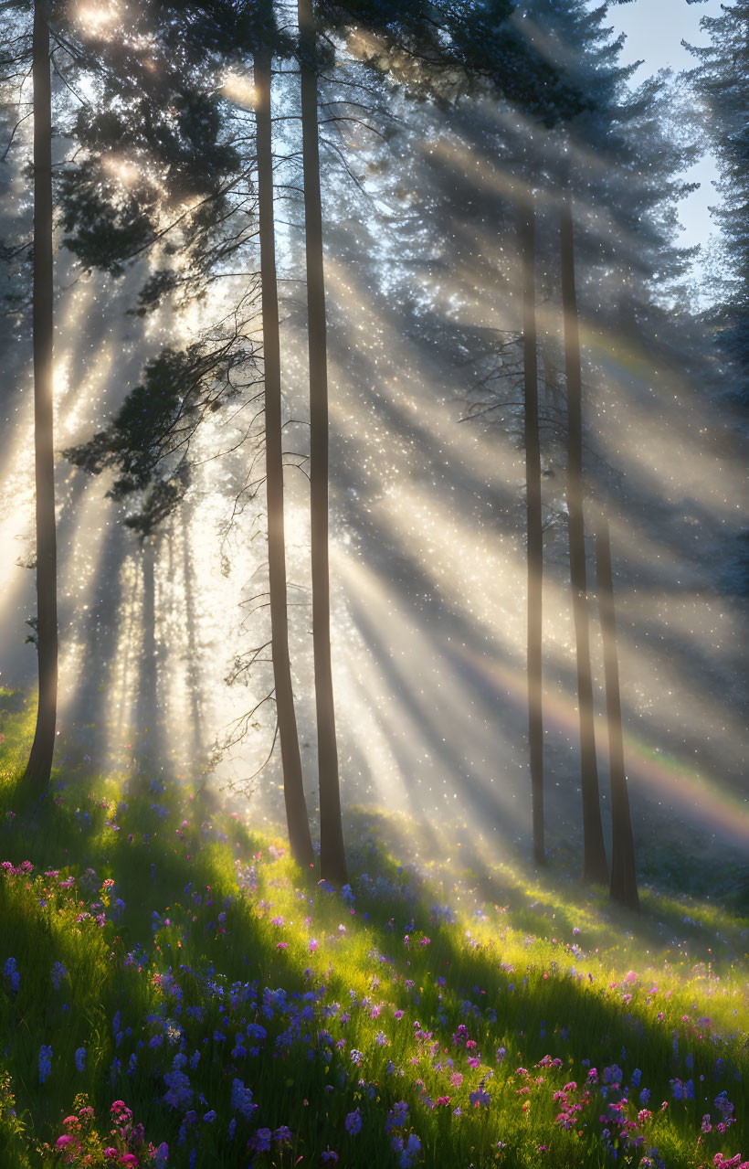 Forest sunlight illuminates purple wildflowers and trees.