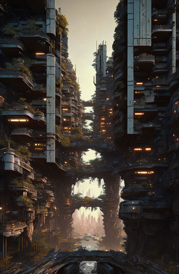 Futuristic cityscape with towering structures and waterfall in lush greenery