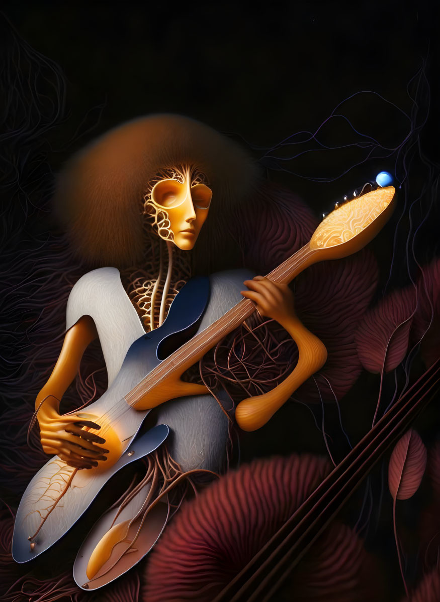 Surreal figure playing stringed instrument in dark, organic setting