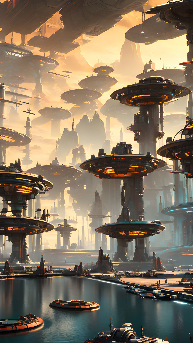 Futuristic cityscape with skyscrapers and floating platforms