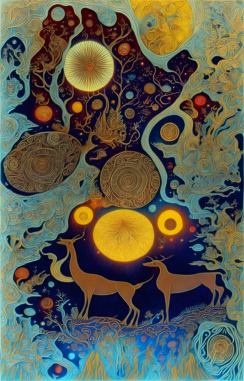 Colorful Psychedelic Art: Celestial Designs, Abstract Patterns, Deer Silhouettes