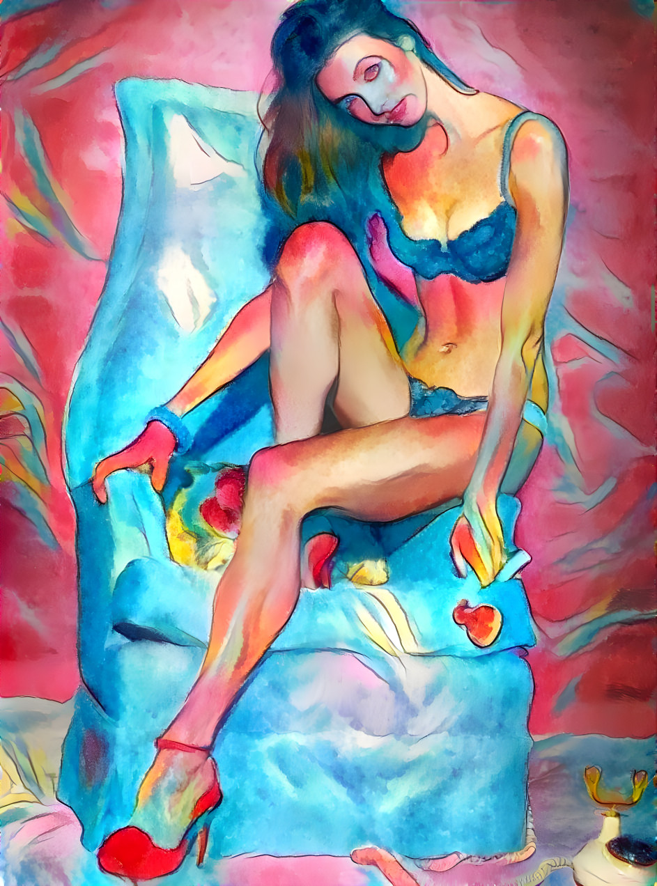 model in bikini & heels on blue chair, painting