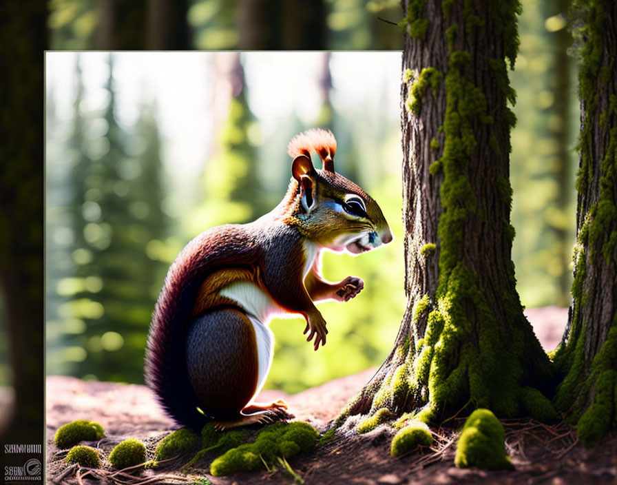 Squirrel standing between moss-covered trees in sunlit forest eating.