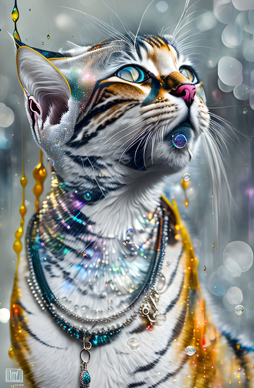 Digitally enhanced image of a cat with jewelry and face paint on bokeh background.