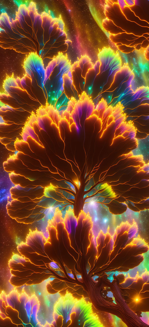 Neon-colored tree art in cosmic setting