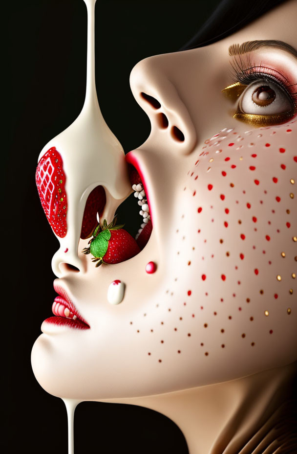 Woman's face merges with strawberry in cream and berry.