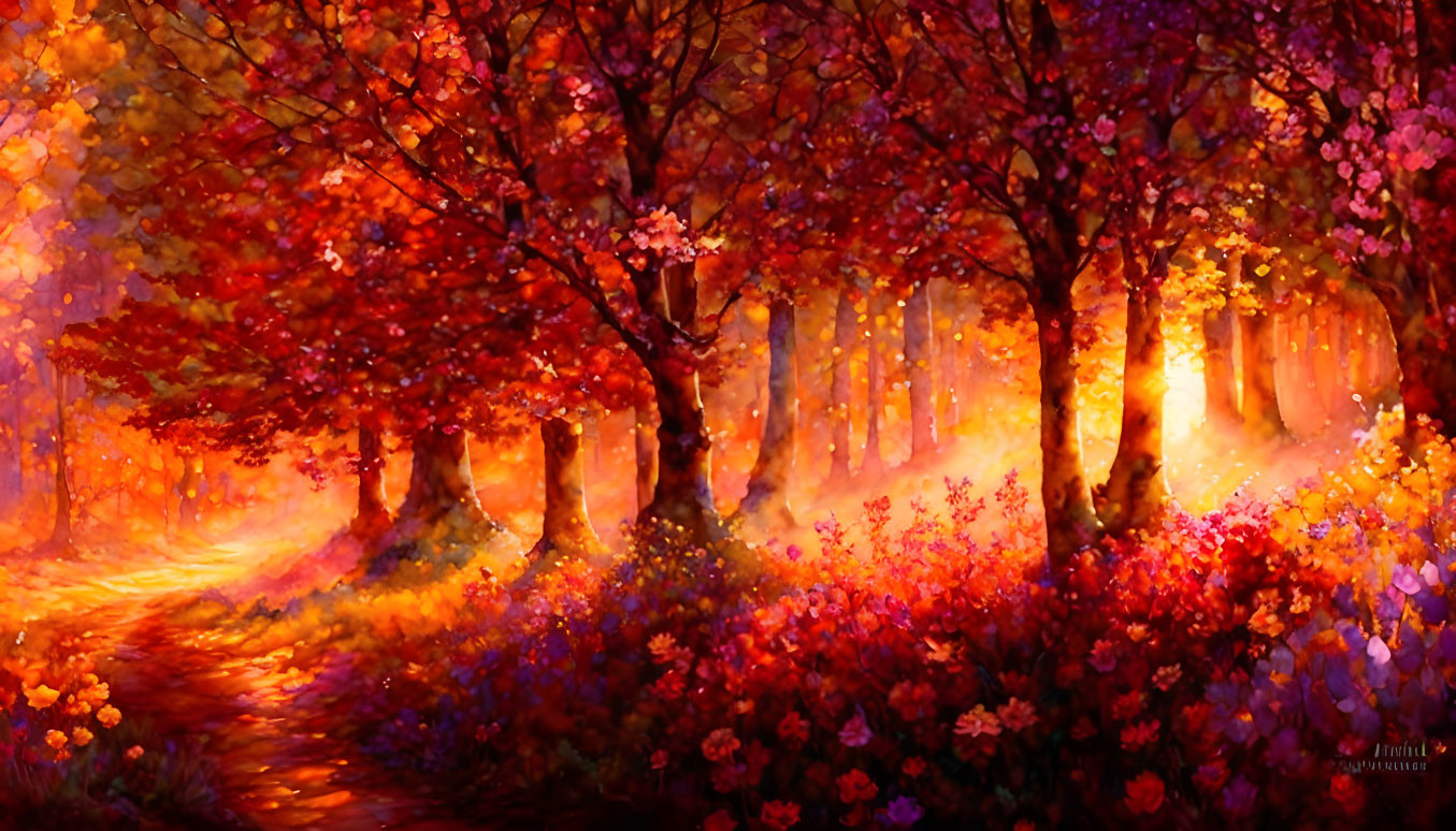 Scenic autumn forest path with vibrant fall colors