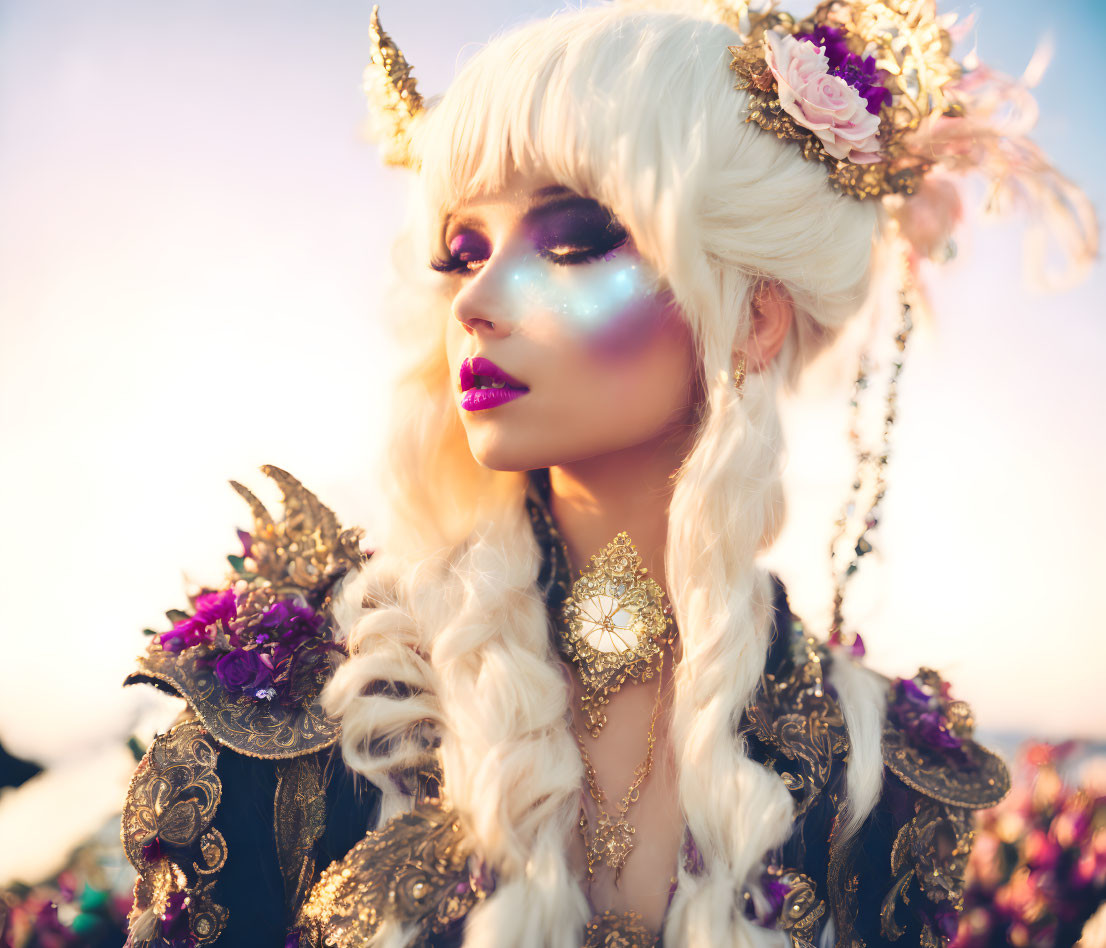 Platinum Blonde Hair with Galaxy Makeup and Golden Floral Headgear